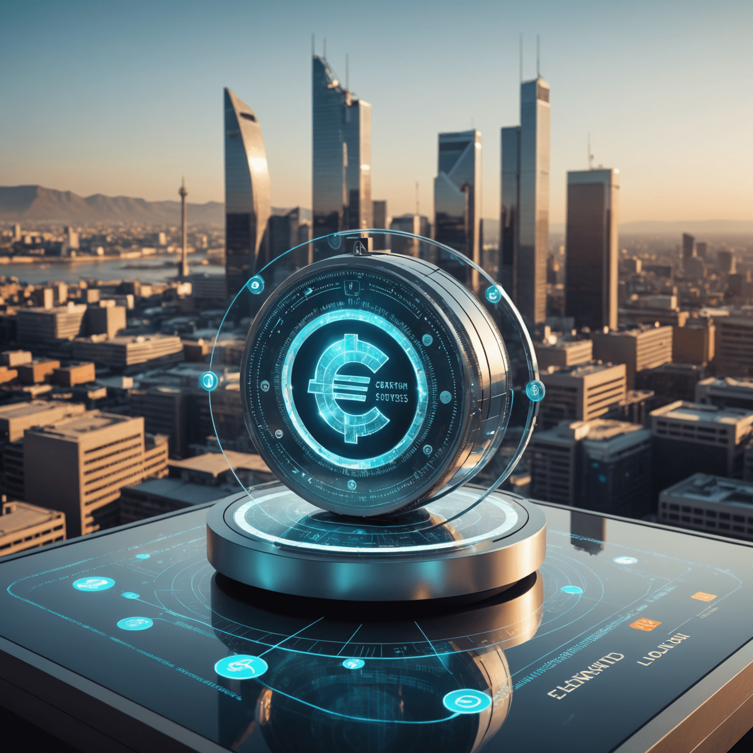 A futuristic representation of South African banking, showing holographic interfaces with Rand currency symbols and fintech gadgets against a backdrop of Johannesburg skyline