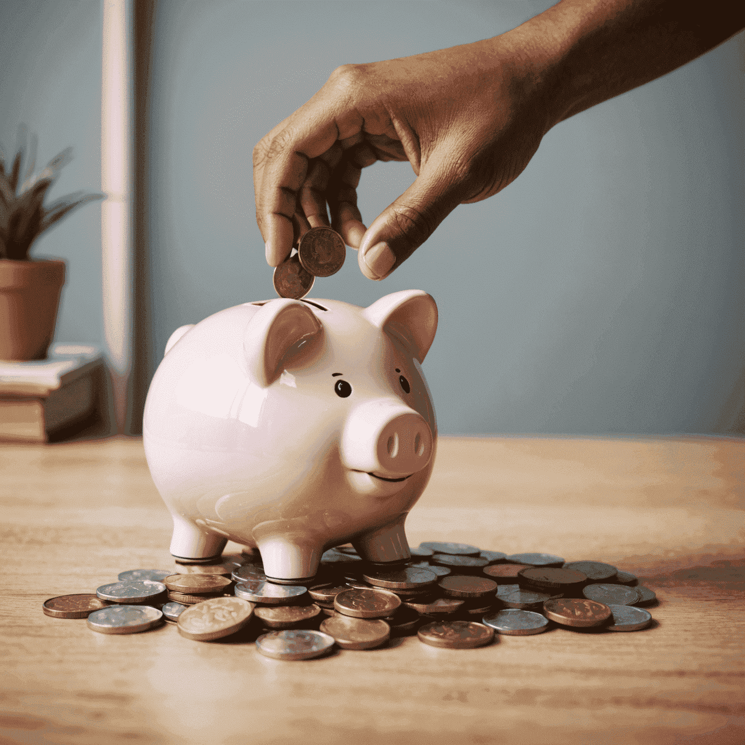 A piggy bank with South African Rand coins being inserted, symbolizing savings and growth