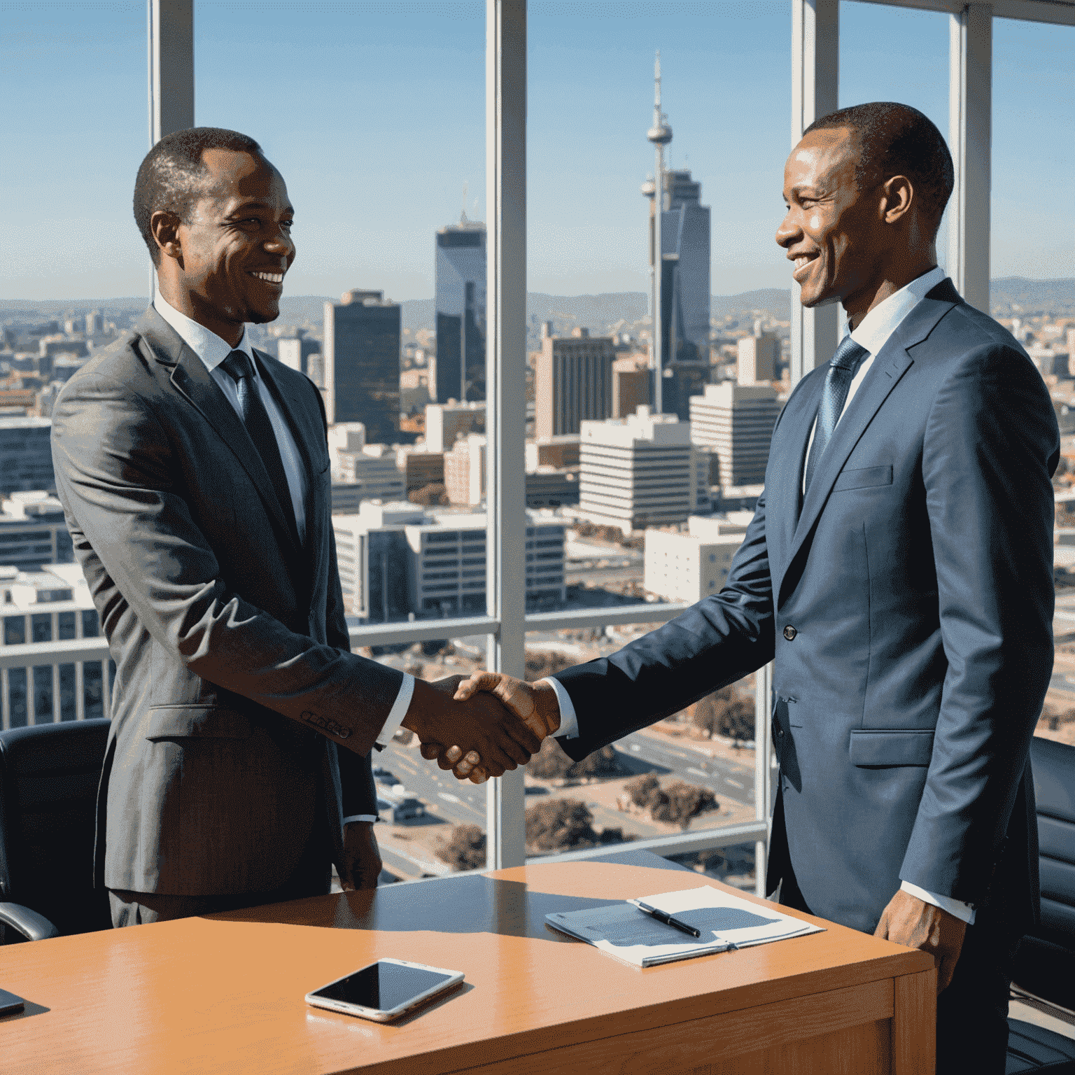 A South African businessman shaking hands with a bank representative, symbolizing a successful business loan agreement. The background shows a modern office with Johannesburg skyline visible through large windows.