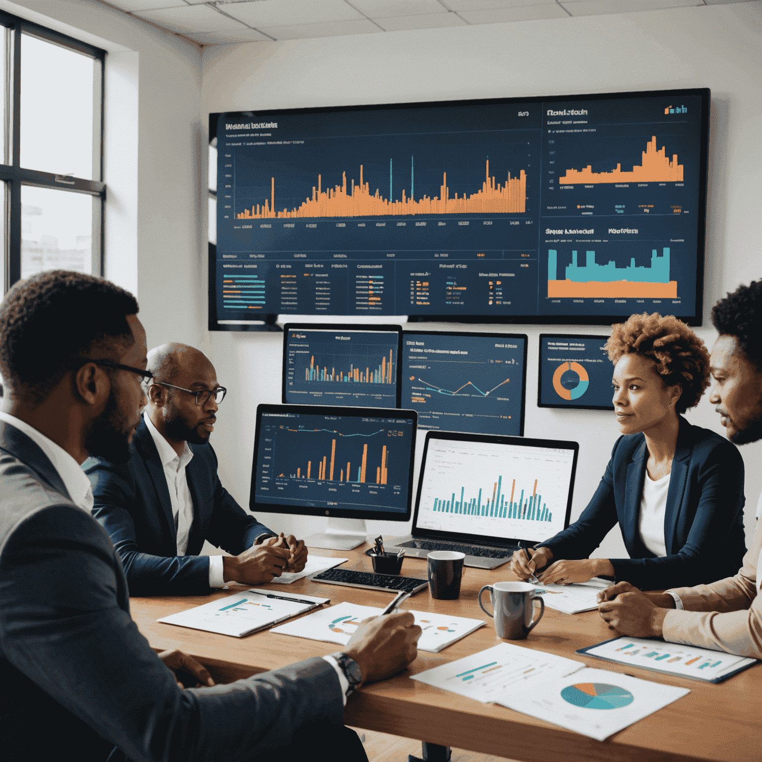 A diverse group of South African professionals discussing investment strategies around a modern office table. Charts and graphs are visible on screens in the background, showcasing various investment options and performance metrics.