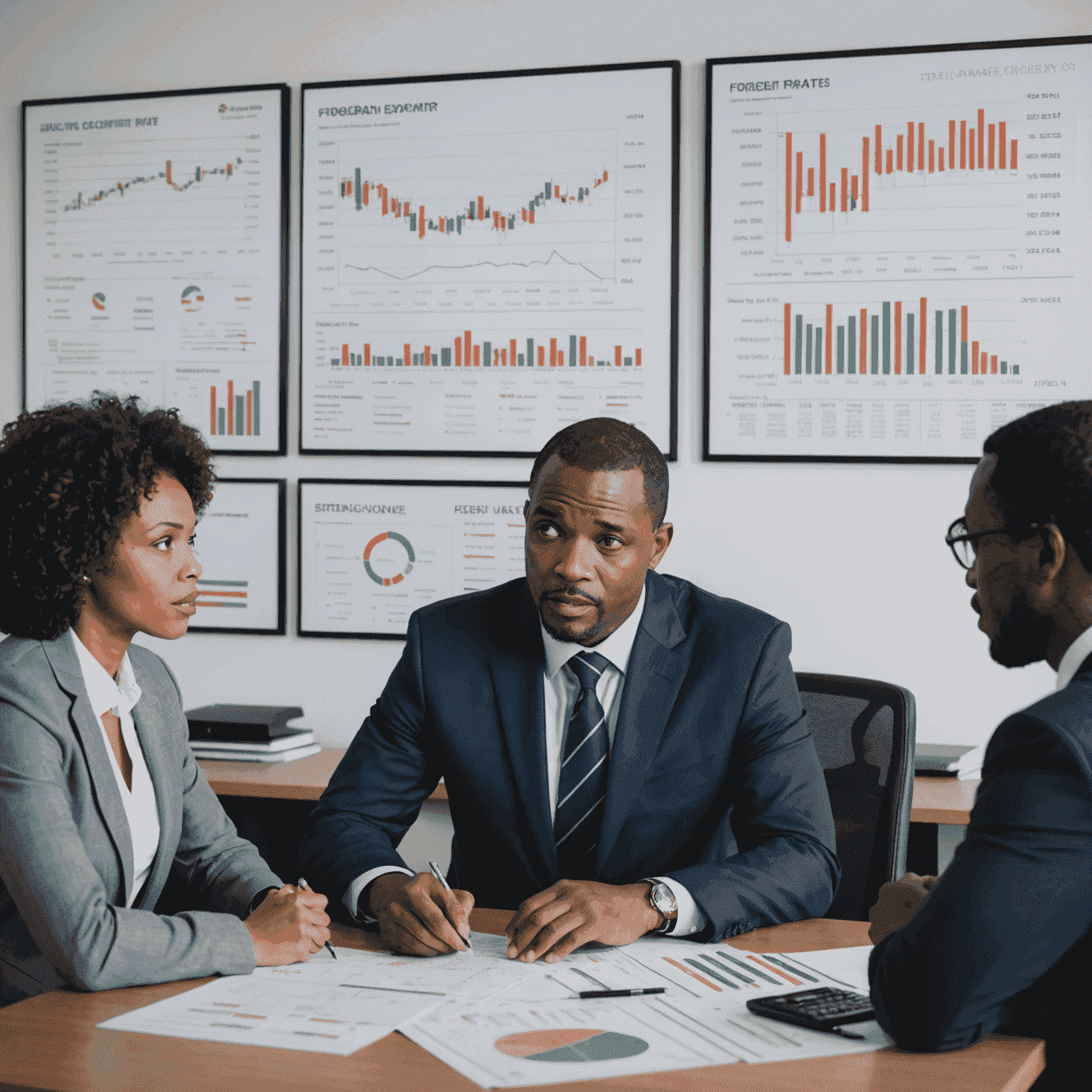 A professional South African banker explaining foreign exchange rates to a diverse group of clients in a modern office setting, with currency symbols and exchange rate charts visible in the background