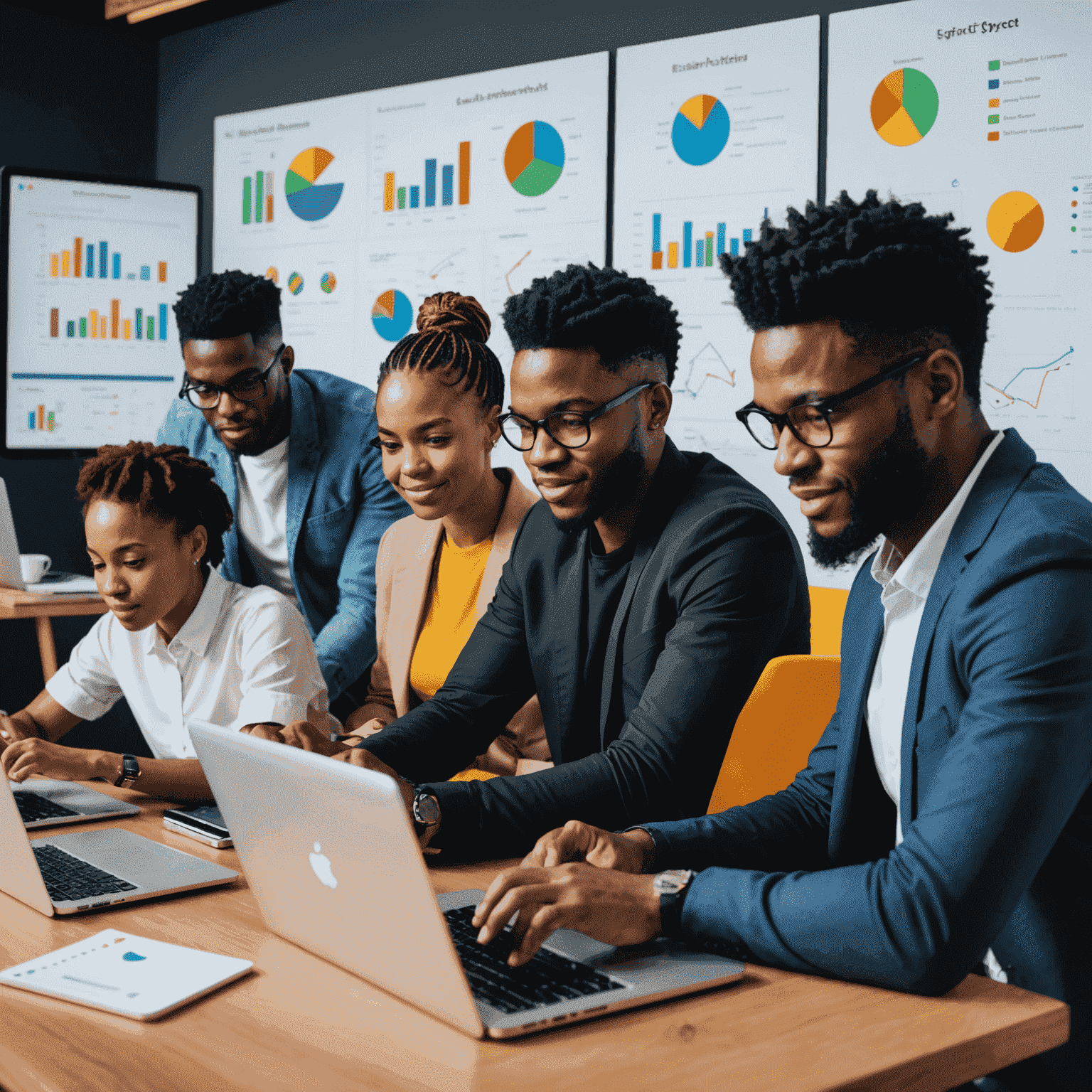 A diverse group of young South African entrepreneurs working on laptops and tablets, surrounded by colorful charts and fintech app interfaces