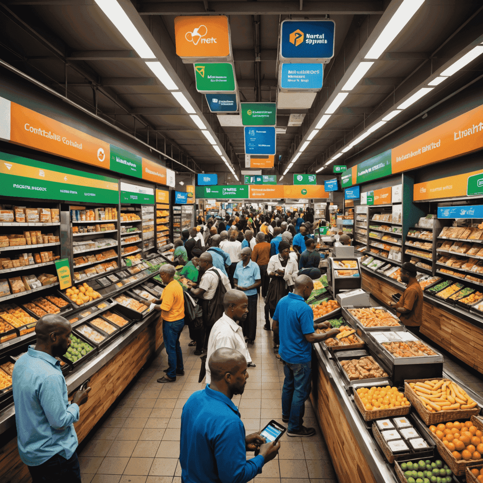 A bustling South African marketplace with various vendors using modern point-of-sale systems. The image showcases diverse payment methods including contactless cards and mobile payments.