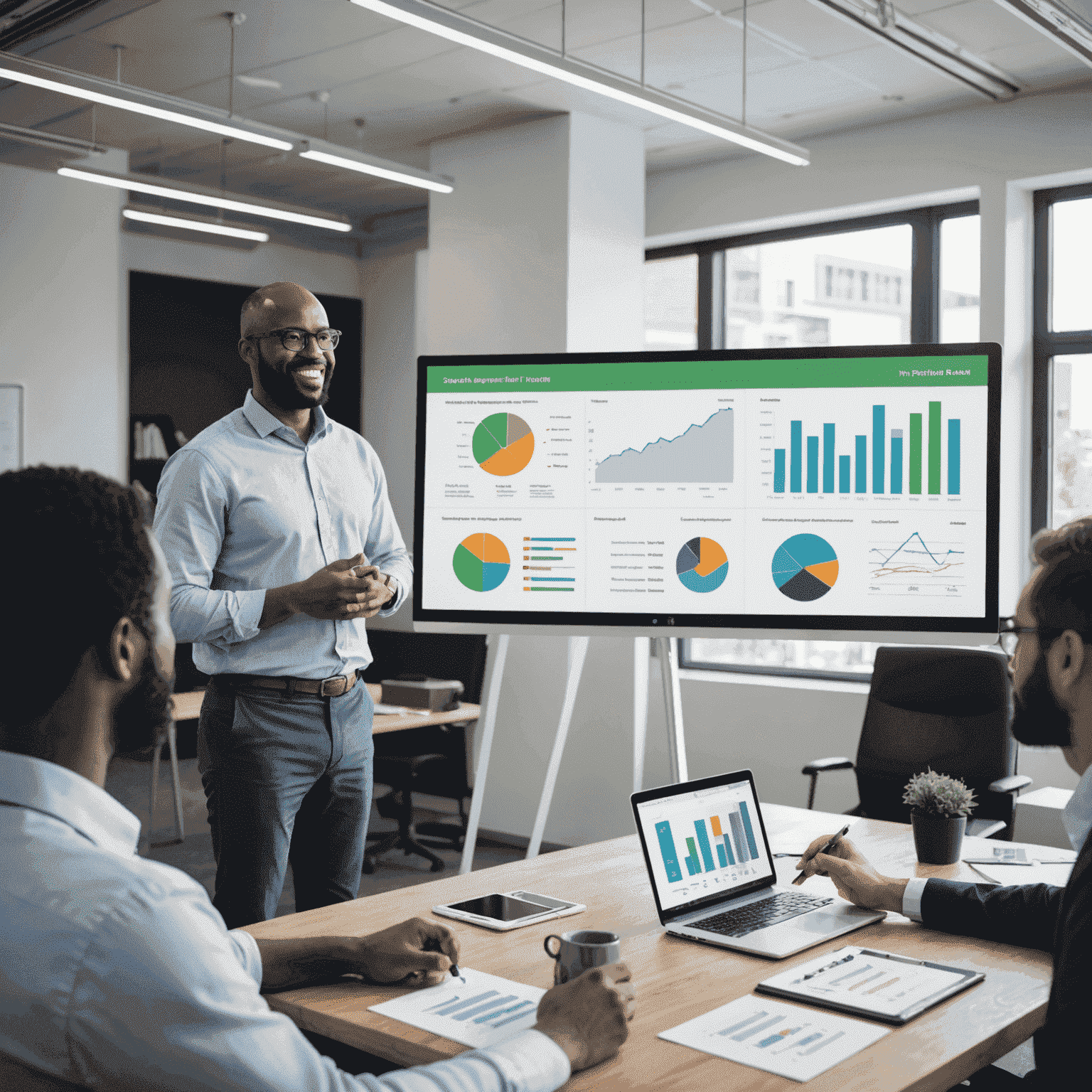 A project manager presenting a financial wellness program to a diverse group of employees in a bright, modern South African office space. The presentation screen shows graphs of investment growth and retirement planning options.