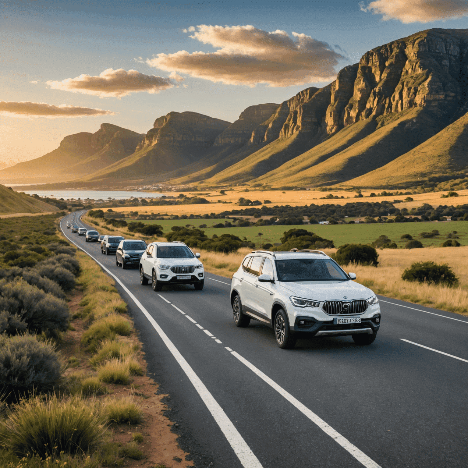 Various South African vehicles on a scenic road, symbolizing vehicle insurance coverage