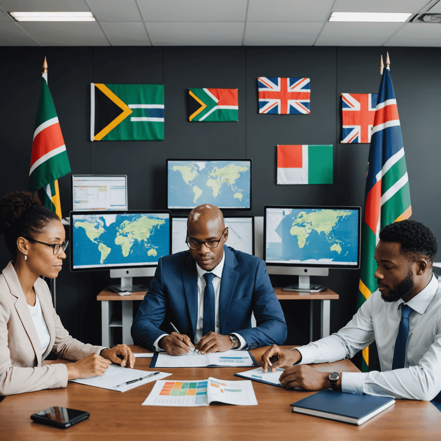 A team of diverse South African financial experts collaborating in a modern office, with currency exchange boards and international flags visible, showcasing the global nature of their services