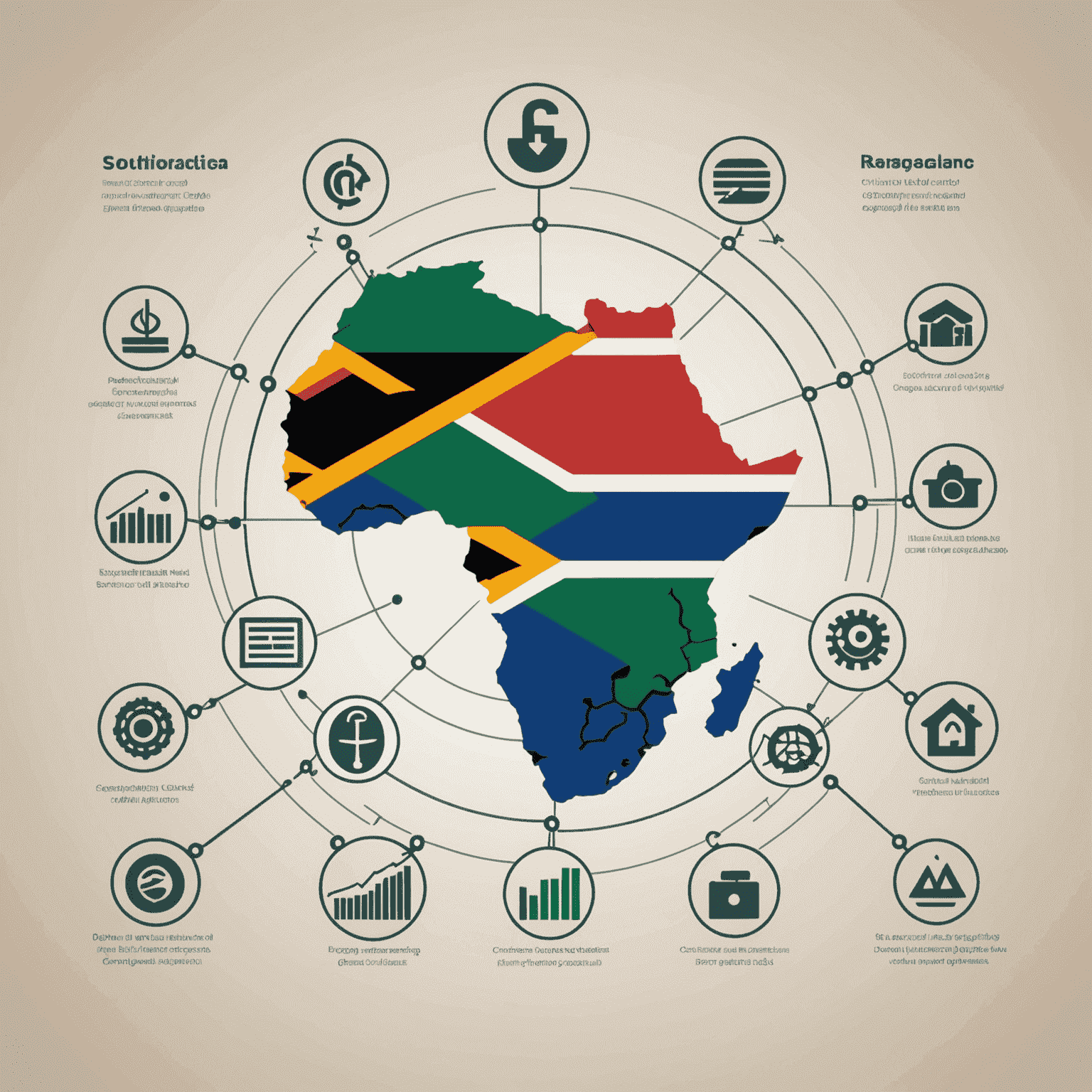 A graph showing the rising trend of digital finance adoption in South Africa, with icons representing cybersecurity and regulatory compliance challenges