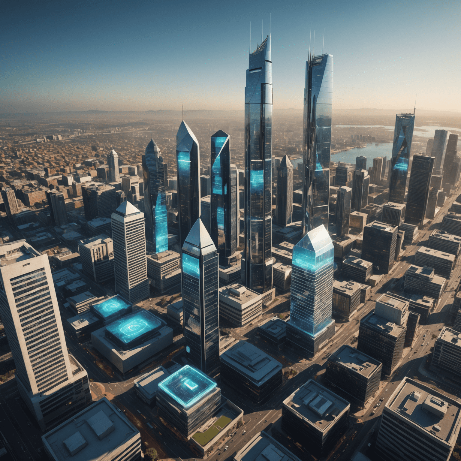 A futuristic South African cityscape with holographic financial data floating above skyscrapers, showcasing the integration of technology and finance