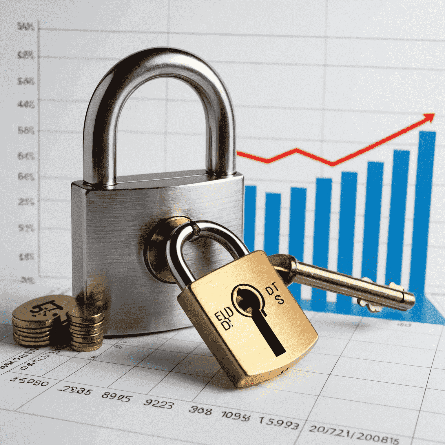 A lock and key superimposed on a graph showing steady growth, illustrating the security and guaranteed returns of fixed deposits