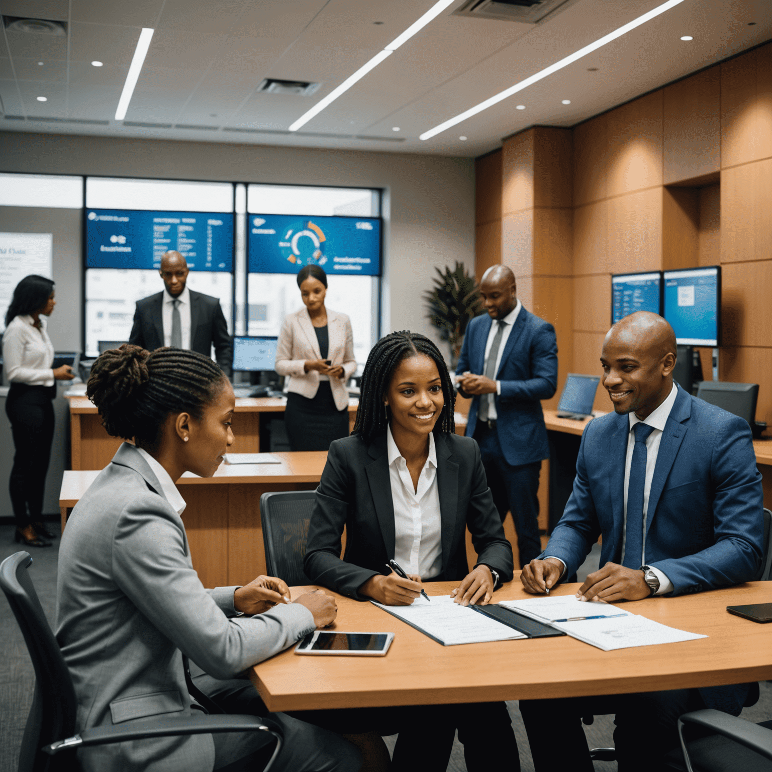 A modern corporate banking center in Cape Town, with financial professionals assisting clients. The image depicts a mix of personal interaction and digital banking services.